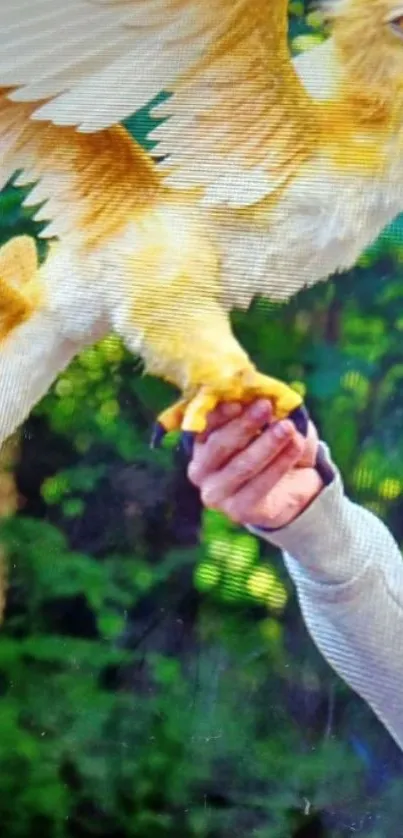 Majestic gryphon perched with wings spread against green backdrop.