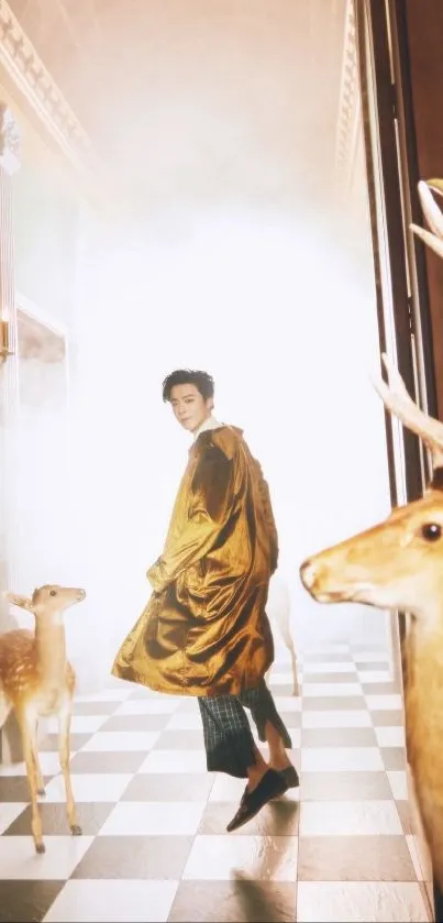 Golden cloaked figure with deer in a elegant, light-filled hallway.