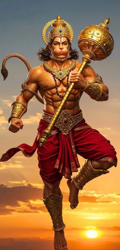 Hanuman depicted in a majestic pose with a sunset background.