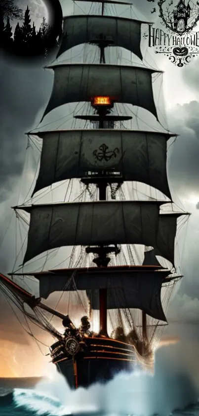 Haunted pirate ship sailing through a stormy sea, perfect for Halloween mood.