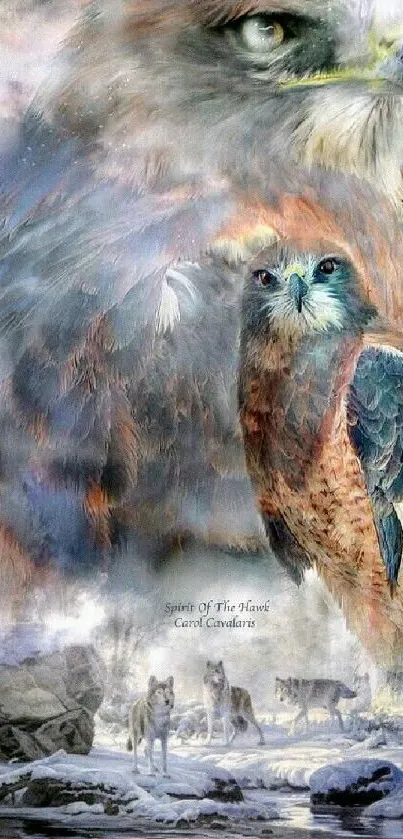 Majestic hawk and wolves in nature-themed artwork.