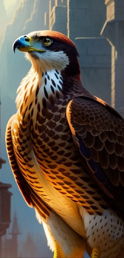 Majestic hawk perched in detailed cityscape on mobile wallpaper.