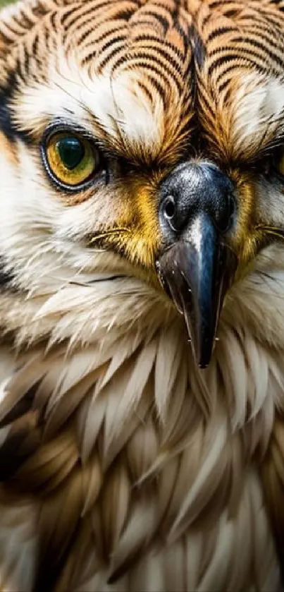 Close-up view of a hawk with detailed feathers and piercing eyes.