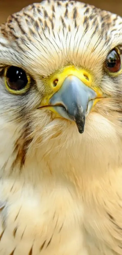 Close-up of a majestic hawk's face with detailed plumage and fierce eyes.