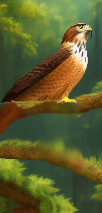 Majestic hawk perched in green forest wallpaper.