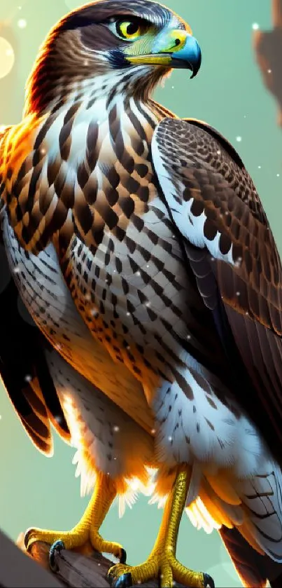 Majestic hawk perched in colorful nature backdrop.
