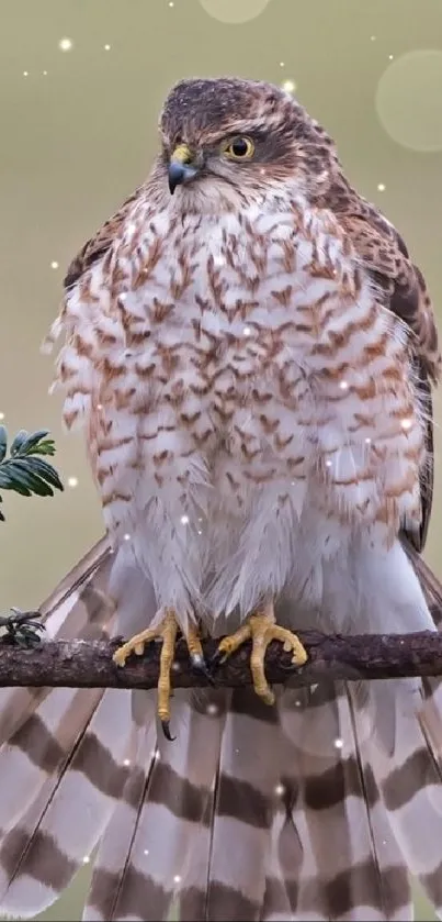 Majestic hawk perched on a branch in detail.