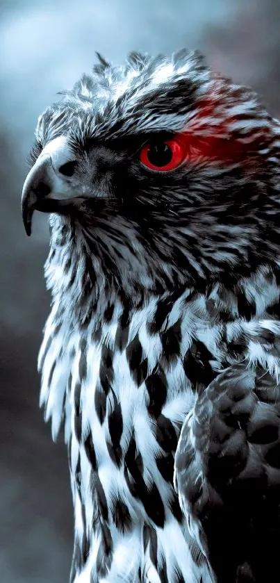 Majestic hawk with striking red eye against a dark, moody background.