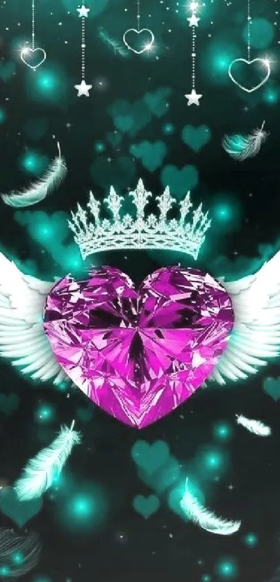 Vibrant purple heart with wings and crown on turquoise background.