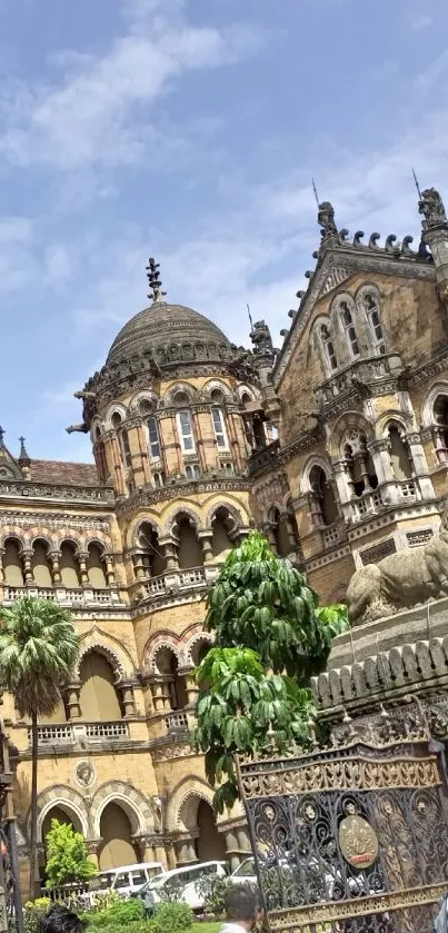 Heritage architecture with ornate details under a blue sky.