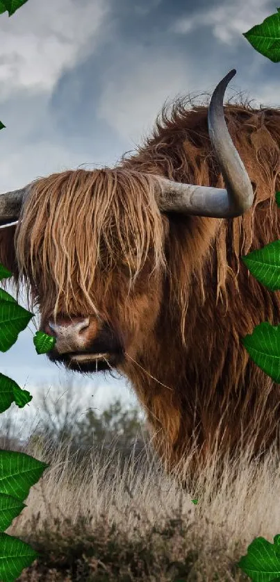 Highland cow in a grassy field with a cloudy sky.