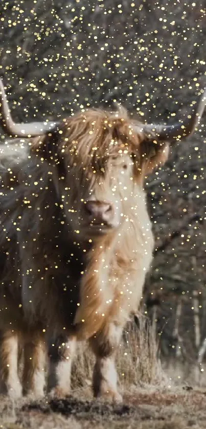 Highland cow in a field with golden sparkles in the air.