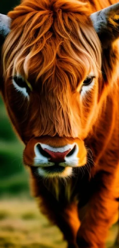 Majestic Highland cow with rich orange fur on a mobile wallpaper.