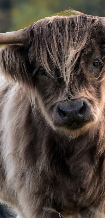 Mobile wallpaper of a majestic Highland cow with textured brown fur.