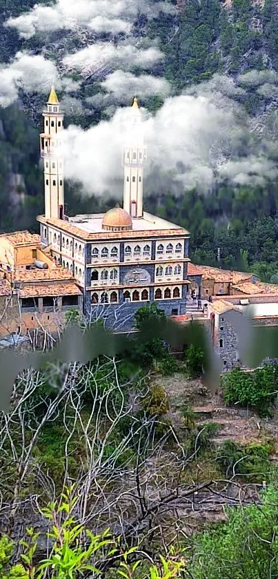 Majestic hilltop mosque surrounded by greenery and clouds.