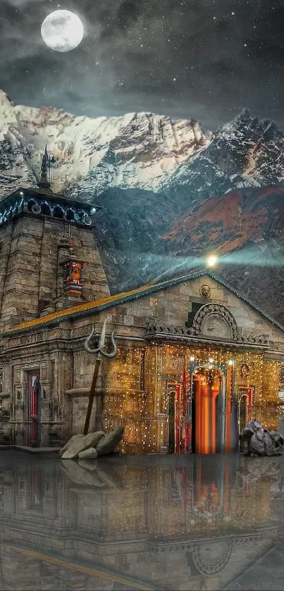 Moonlit Himalayan temple with reflection and mountains.