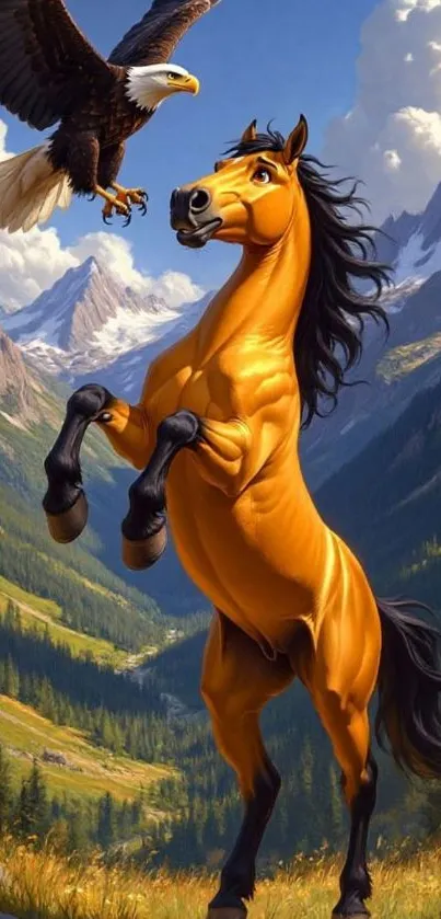 Majestic horse with an eagle in a mountain landscape.