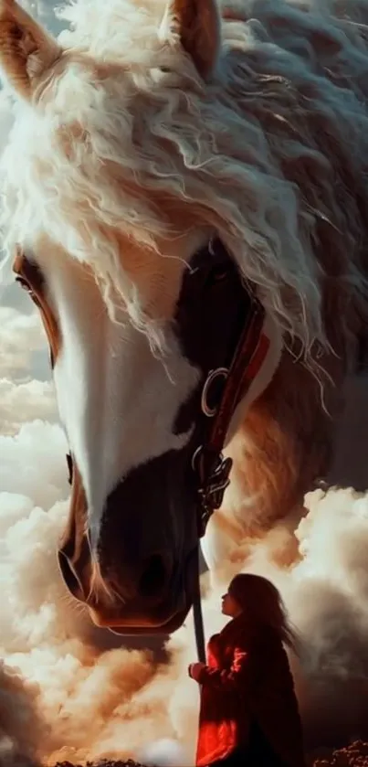 Majestic white horse and girl in clouds.