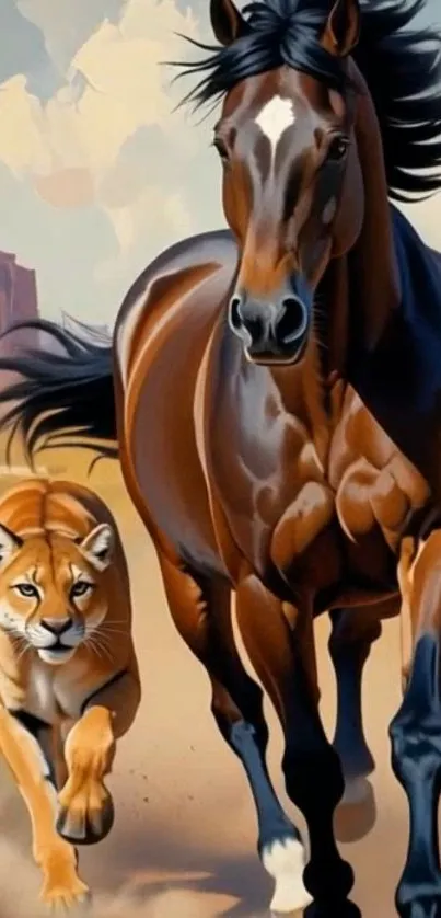 Horse and lion running in natural landscape wallpaper.