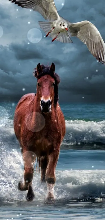 Horse galloping in ocean waves with a seagull above.