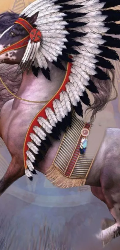 Majestic horse adorned in native feathered attire on artful beige background.