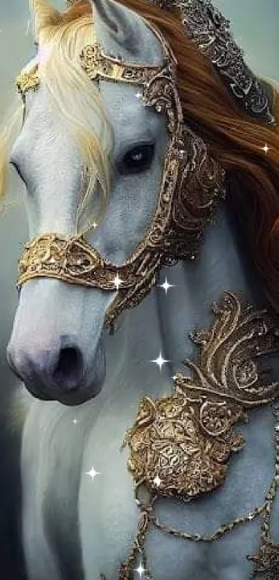 Majestic white horse with golden detailing, elegant and serene.