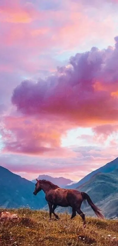 Majestic horse on mountain at sunset with pink and purple skies.