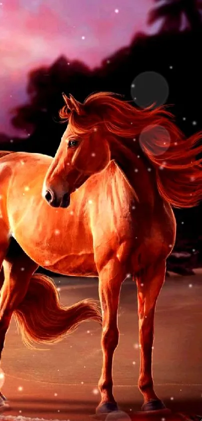 Majestic horse standing on a beach at sunset, vibrant orange hues.