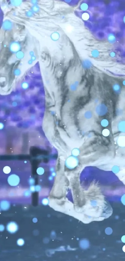 Ethereal horse in a mystical blue glow with floating orbs.