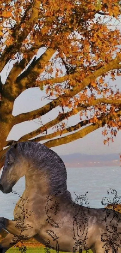 Majestic horse under autumn tree by lake.