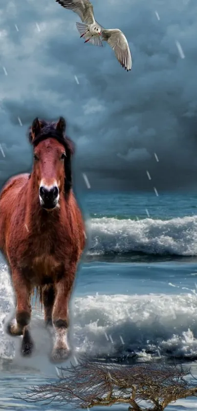 Majestic horse running by a stormy sea with a seagull above.