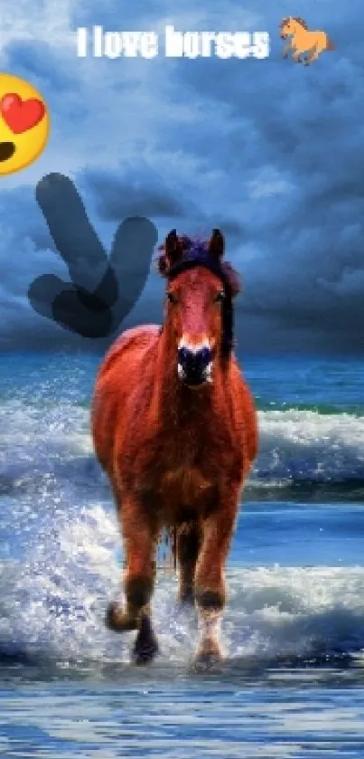 Horse running along a beach with dramatic clouds and waves.