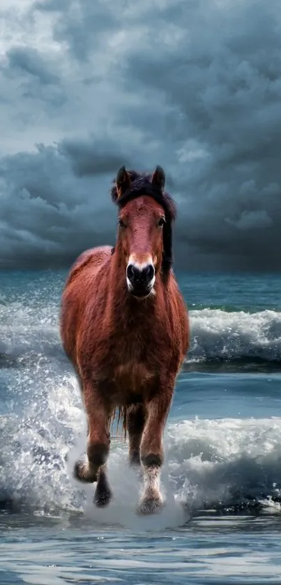 Horse galloping through ocean waves under stormy clouds.