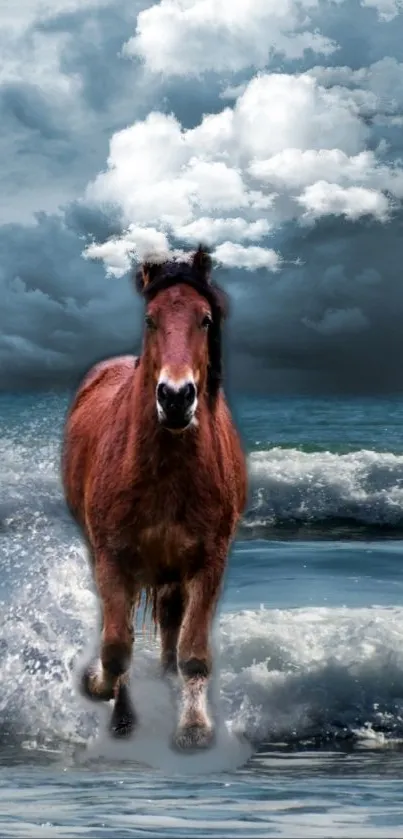 Majestic horse galloping along the ocean with dramatic clouds overhead.
