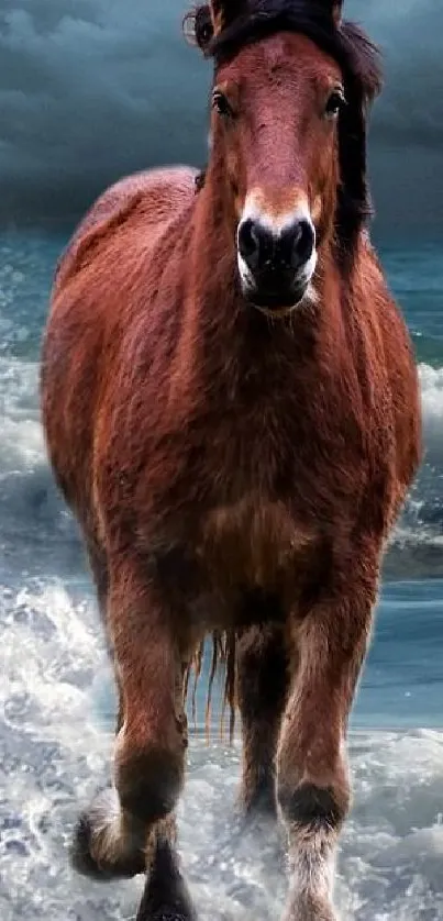 Majestic horse running along the ocean shore with waves crashing.