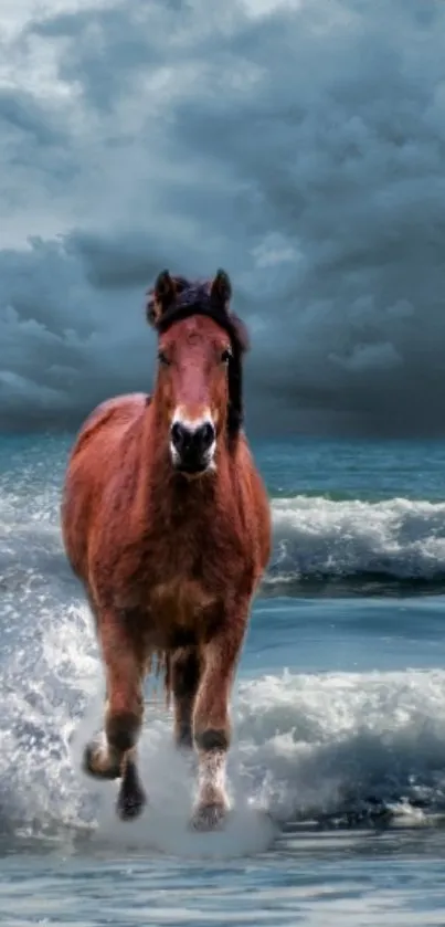 Majestic horse galloping by the sea with waves and cloudy sky.