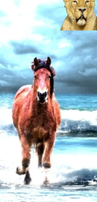 Horse galloping in ocean waves with lion overlay on top.