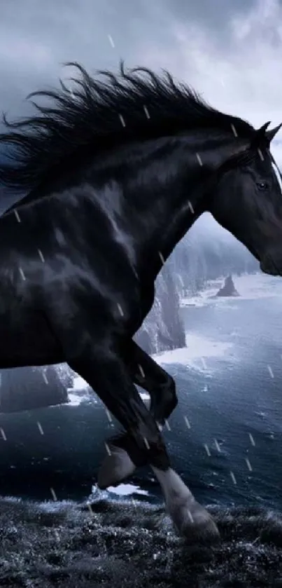 Majestic black horse running by the sea on a dramatic coastal cliff.