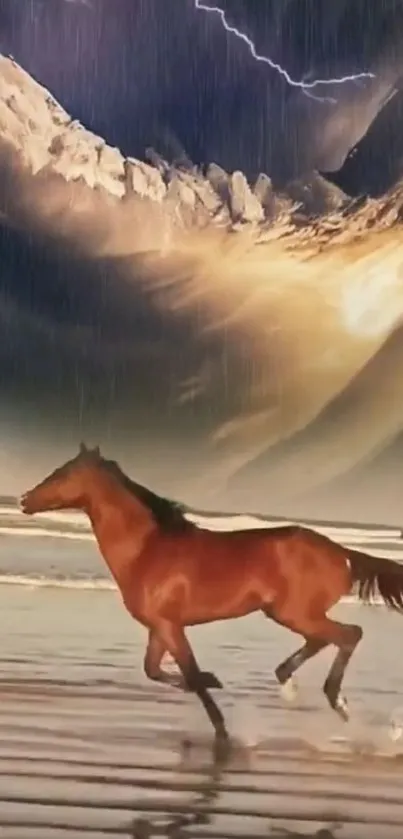 Horse running on beach under stormy sky.