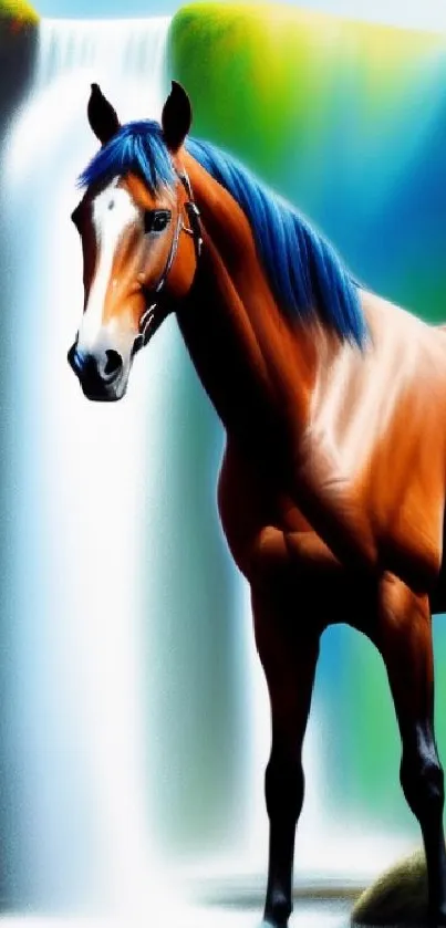 Majestic brown horse standing in front of a stunning waterfall.