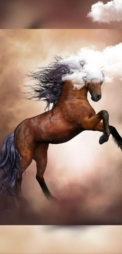 Majestic horse in clouds, artistic wallpaper design.