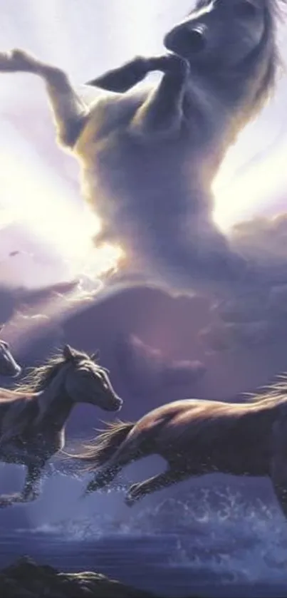 Mystical horses galloping in a cloudy sky, creating a fantasy scene.