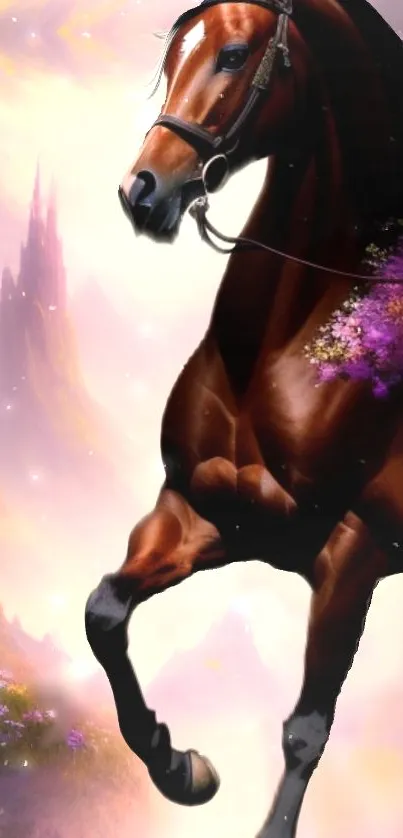 A majestic horse in a fantasy landscape with light pink hues.