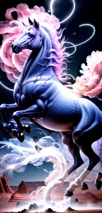 Purple horse in a magical, dreamy landscape with swirling clouds.