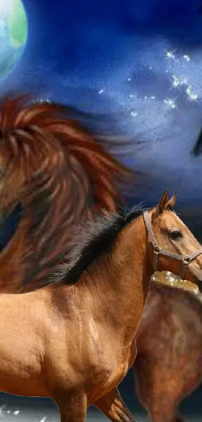 Fantasy horse wallpaper with celestial background and birds.