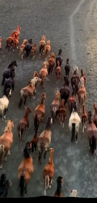 Aerial view of galloping horse herd in a natural landscape.