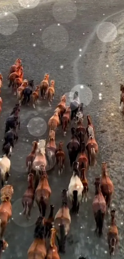 Herd of wild horses running freely on a dusty trail.