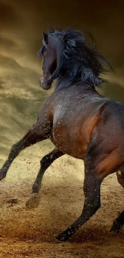 Majestic horse galloping against a dramatic sky.