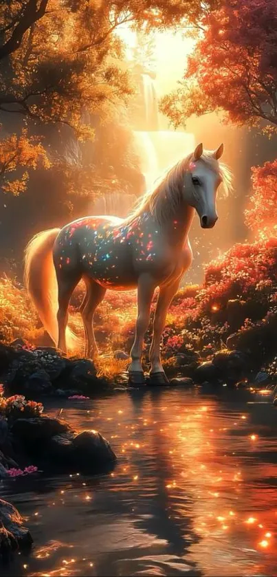 A glowing horse in a magical, illuminated forest.