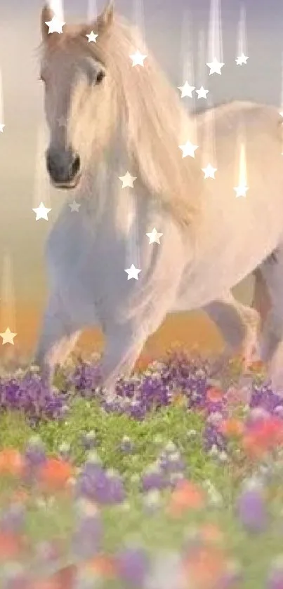 White horse standing in colorful floral field with pastel sky.